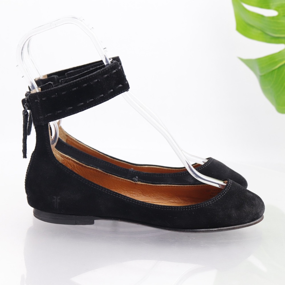 Frye Shoes Womens Carson Ballet Flats Size 6 Black Suede Ankle Strap Comfort Zip